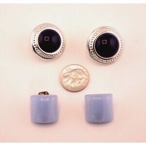 Vintage Set of 2 Baby Blue Lucite Square & Silver Tone Black Post Earrings Mint